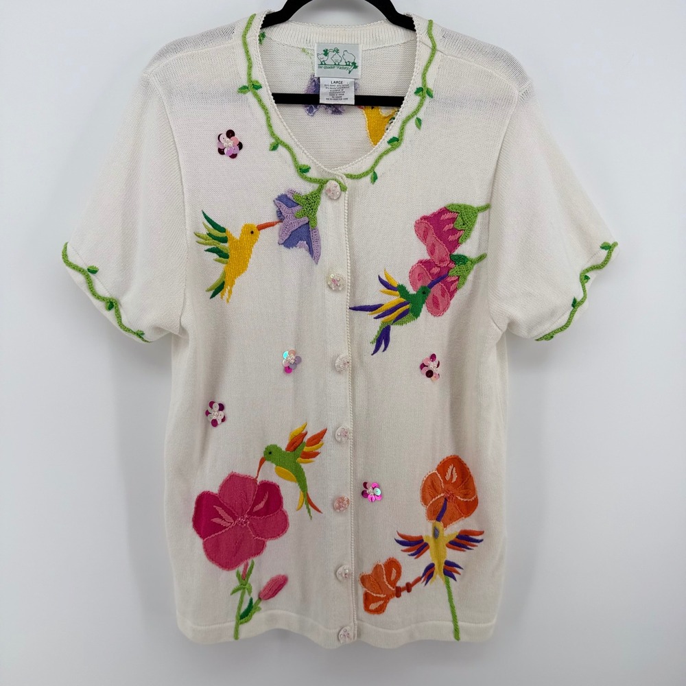 Quacker Factory Hummingbird Floral Cardigan Large Sequins Beaded Short Sleeve